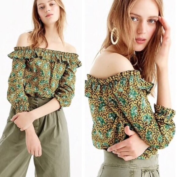 Size 10 J Crew Elephant Print Off the Shoulder Ratti Top Green - Picture 1 of 9